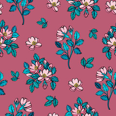 Seamless pattern with pink rosehip flowers painted with gouache on a dark pink background. For wrapping paper, wallpaper, textiles, fabrics, postcards and more.