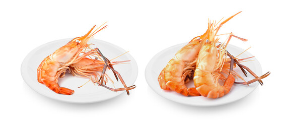 Boiled shrimp in plate on white background