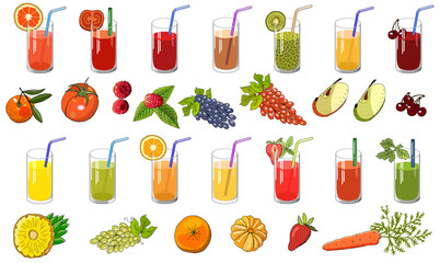 Set of natural juice and fruit. Vector hand drawn illustration