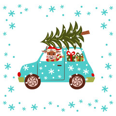 The bull drives a car and carries a Christmas tree with gifts. Cartoon character. Symbol of the New Year. Copy space. Flat design. Vector. Funny animal. Isolated white background. Card.