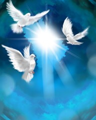 The flying three white doves around clouds leading to shining heaven and the background of the clouds in beautiful blue sky	