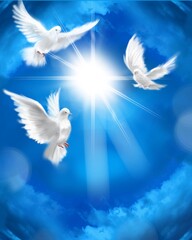 The flying three white doves around clouds leading to shining heaven and the background of the clouds in beautiful blue sky	