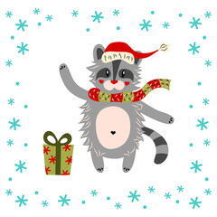 Cute raccoon in santa hat and scarf with Christmas gift. Cartoon character. New Year. Copy space. Flat design. Vector. Funny animal. Isolated white background. Greeting card.