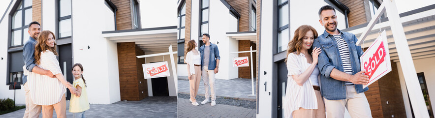 Collage of happy couple hugging, looking at sign with sold lettering and standing with daughter near house, banner - obrazy, fototapety, plakaty
