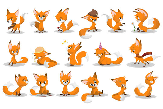 Cute cartoon red fox set. Funny animal character smiling, crying, walking, playing game, sleeping. Vector illustration for different emotions and actions concept