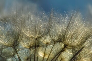 Fototapeta dmuchawce oświetlone rzez słońce w zbliżeniu, struktura dmuchawca, przekwitły kwiat kozibroda łąkowego, ozdoba letniej łąki obraz