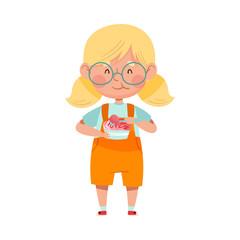 Excited Girl Character with Tub of Ice Cream and Spoon Vector Illustration