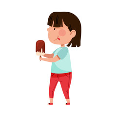 Cute Girl Character Holding Eskimo Ice Cream Vector Illustration