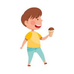 Excited Boy Character Holding Ice Cream in Wafer Cup Vector Illustration