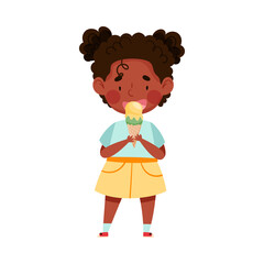 Joyful African American Girl Character Eating Ice Cream in Waffle Cone Vector Illustration
