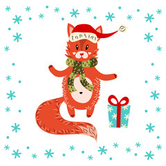 Cute fox in hat, scarf with Christmas gift and snowflakes. Cartoon character. New Year. Copy space. Flat design. Vector. Funny animal. Isolated image white background. Greeting card.