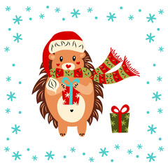 Cute hedgehog in hat, scarf with Christmas gift and snowflakes. Cartoon character. New Year. Flat design. Vector. Funny animal. Isolated image white background. Greeting card.