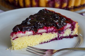 One piece of a homemade german blueberry cake on a white plate with fork, white and purple colored cotton cloth underneath, cream filling and fruits topping
