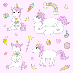Set of cute unicorn on pink background. A collection of colorful design elements for a little girl. Hand drawing of unicorns in cartoon style.