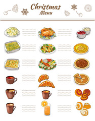 Vector hand drawn illustration of traditional Christmas dishes isolated on white background. Holiday food. Classic New Year eating.