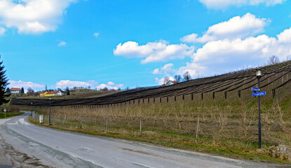 Fototapeta na wymiar road along a fruit plantation with black protective nets in the southern Burgenland, Austria