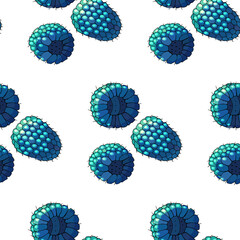 Seamless summer pattern with ripe blue raspberries. Vector illustration.