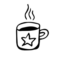 Sketch of a mug with a hot drink. A circle with a star image on a white background. Doodle mug illustration for menu, packaging, website, postcard, textile,