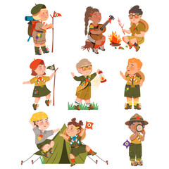 Boy and Girl Junior Scouts Wearing Khaki Shirt Sitting at Campfire and Walking with Gas Lamp Vector Set