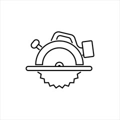 A simple vector linear icon indicating a construction tool. Cutting circular saw on wood from the network.