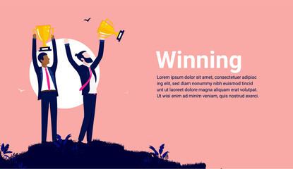 Business winning - Successful business partners holding trophies over their head, celebrating winnings and success. Vector illustration. 