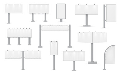 Road billboards realistic templates. Advertisement panels horizontal, vertical mock ups set. © Aleksandr