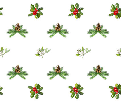 Seamless pattern with cone, fir branches, Holly, poinsettia, caramel cane, mistletoe isolated on white.