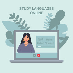 Fototapeta na wymiar Study languages online with teacher. Online webinar, tutorial. Learning English, German, Chinese, Russian, other foreign languages. Distance studying at school. 
