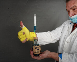 A sloppy unsterile doctor in a dirty medical coat advertises a fake coronavirus vaccine