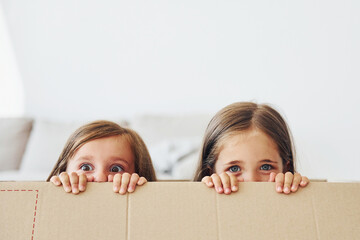 Sitting in the paper box. Two cute little girls indoors at home together. Children having fun