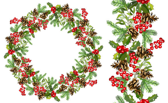 Christmas holiday decorative wreath and seamless border of tree branches