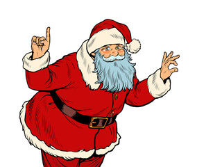 Santa Claus attention gesture. New year and Christmas