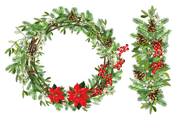 Vector festive wreath whith mistletoe, cone, branch, holly, poinsettia