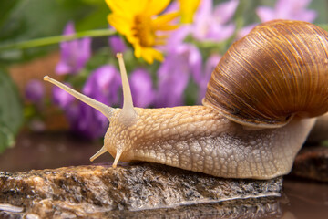 snail climbs from stone to stone. mollusc and invertebrate. delicacy meat and gourmet food.