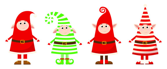 Christmas gnomes in cartoon style. Cute gnomes in Christmas costumes. New Year and Christmas 2021. Vector illustration.