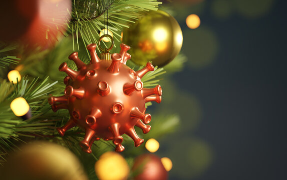 Covid-19 and winter flu bugs virus bauble christmas tree decoration hanging from a decorated tree. 3D illustration concept.