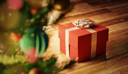 A festive christmas scene with a wrapped present or gift under a christmas tree. 3D illustration holiday background
