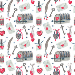 Watercolor vintage seamless pattern with mailboxes, love letters, keys, padlocks for Valentine's day or wedding. Great for fabrics, wrapping papers, wallpapers, covers. Pink, red and indigo colors.