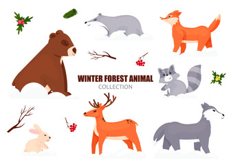 Christmas animals 2021. Collection of seven animals placed around the lettering on a white background. Seven forest animals: bear, fox, wolf, deer, hare, raccoon, hedgehog. Vector illustration