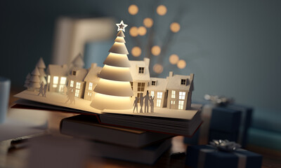 A christmas Pop-Up book scenic with a winter village and christmas tree. 3D illustration