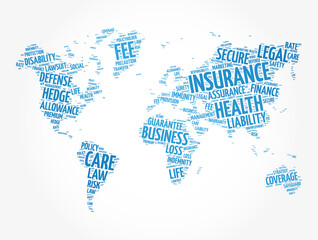 Fototapeta na wymiar Insurance word cloud in shape of world map, healthcare concept background