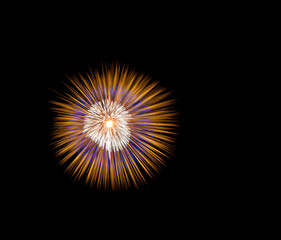 Orange colors amazing fireworks in Malta isolated in the dark sky background and house light in the far, Malta fireworks festival, 4 of July, Independence day, explosion