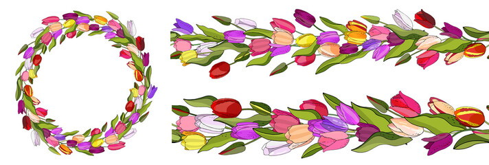 Stock vector floral set of seamless flower brush from tulips and beautiful wreath. Isolated and hand drawn illustration. Floral design, flower backdrop. Festive hand drawn pattern, spring.