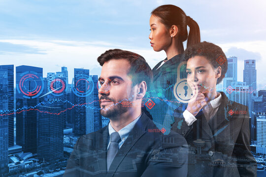 Group of business colleagues as a part of multinational corporate team working on project to protect clients information at cybersecurity compliance division. IT lock icons over Singapore