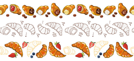 Hand drawn illustration of croissants, berry and chocolate.