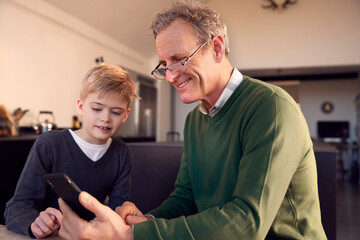 Grandson Showing Grandfather How To Solve Problem And Use Mobile Phone At Home