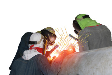 Fototapeta na wymiar Team of welders is in trench working hard isolated on white background.