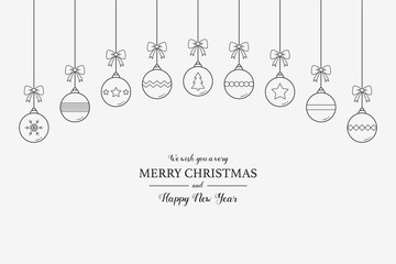 Christmas background with hanging baubles and wishes. Xmas greeting card with decorations. Vector