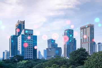 Abstract technology icons hologram over panorama city view of Bangkok, Asia. The concept of people networking and connections. Double exposure.