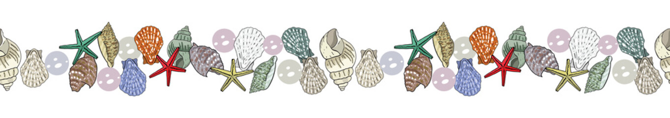Endless border of marine elements and seashells. Isolated illustration on white